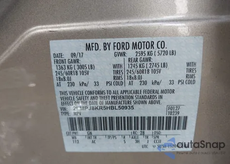 2017 Lincoln Mkx Select z USA, uszkodzony, nr VIN 2LMPJ8KR5HBL50935